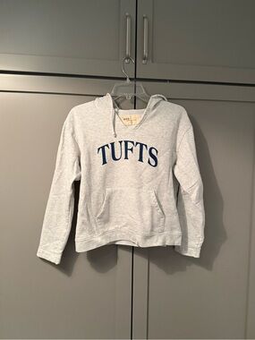 Heather Gray Tufts University Hoodie With Navy Blue Lettering - Women’s Small